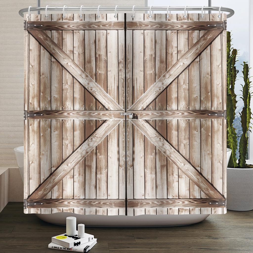 Retro Wood Door Shower Curtain Farmhouse Country Vintage Farm Barn Wooden Waterproof Polyester Shower Curtain for Bathroom Decor