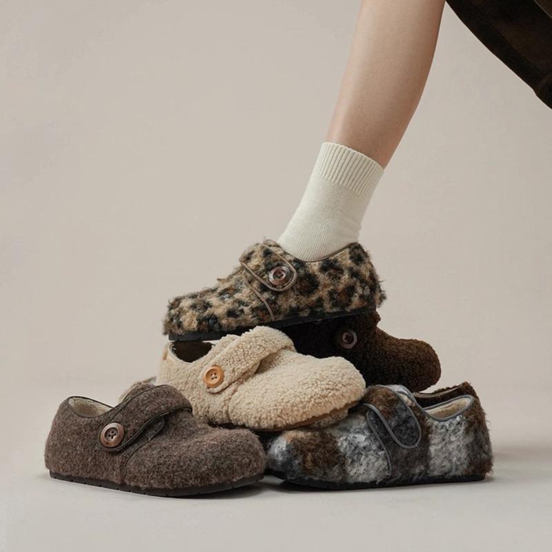 Wool Version~ Inner Height Increase Plush Wool Shoes Women's Autumn and Winter Warm Velcro Cotton Shoes Leopard Print Bag Heel