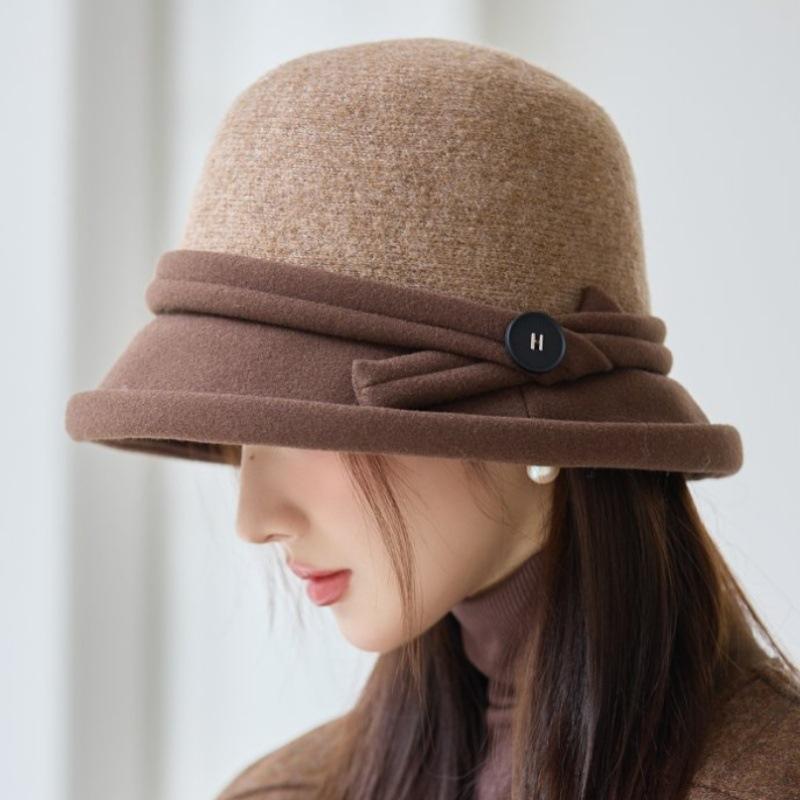 Nuovo cappello autunno e inverno femminilità fiocco cappello a secchiello in lana elegante 100 caldo cappello a bacinella moda