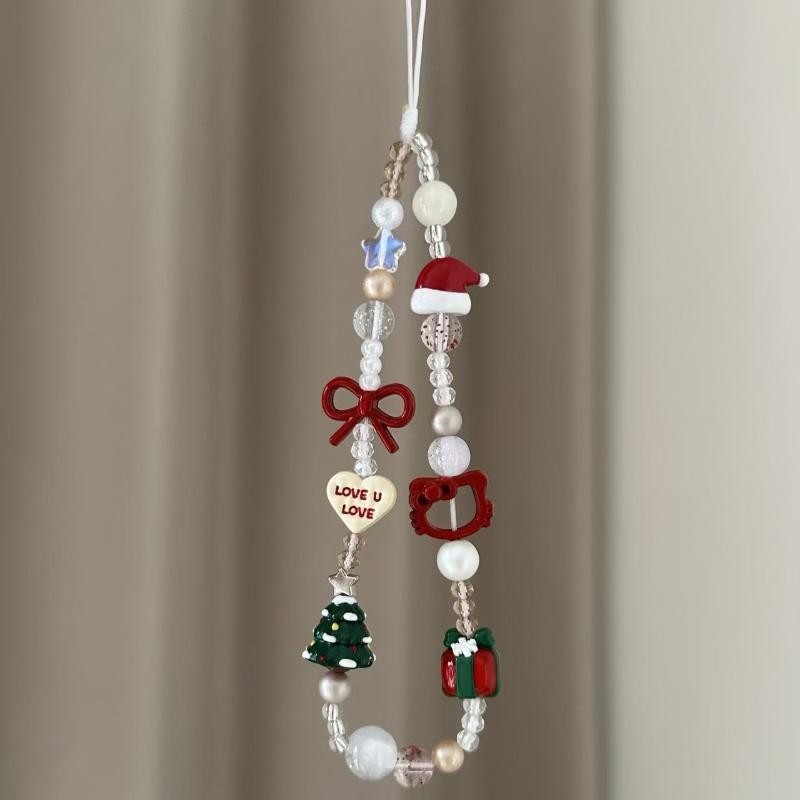 1Pcs 3D Christmas Tree Bead Hanging Rope Mobile Phone Keychain Girl Women Cell Phone Case  Bag Pendant Key Strap Rope