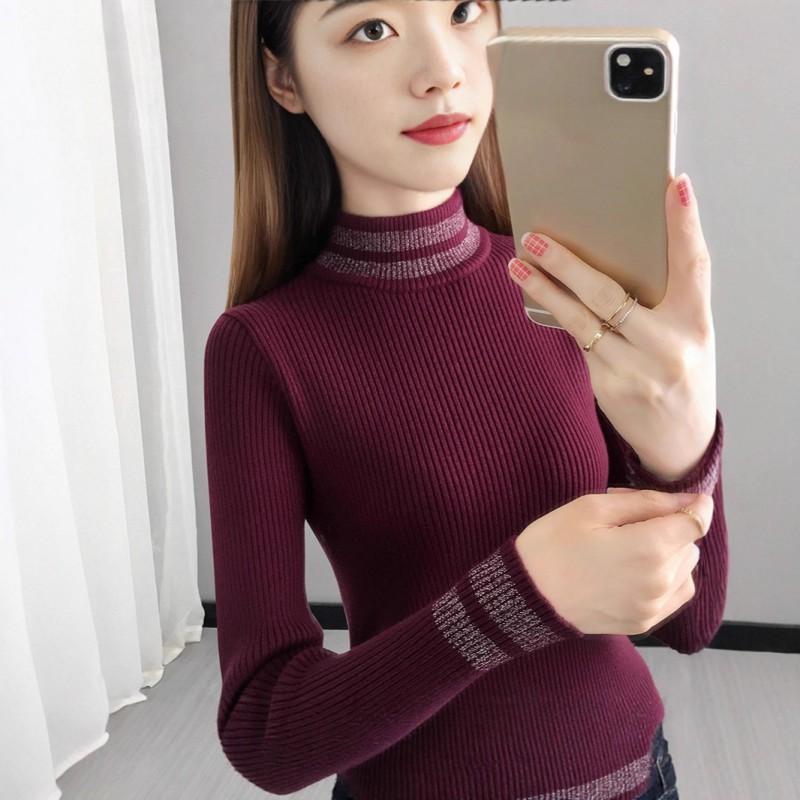 Womens Black Slim Fit Short Turtleneck Knit Top Long Sleeve Base Layer Fall Winter Shiny Thread Sweater