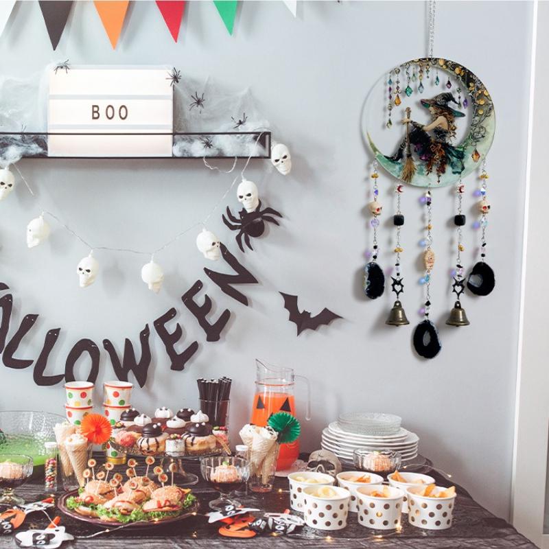Witch Blessing Wind Chime Acrylic Door Hanging Decor for Halloween Christmas Home Outdoor Halloween Wall Ornament with Bells