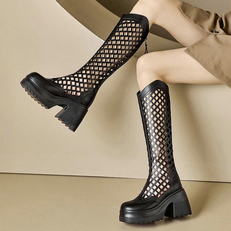

Fashion 2025 Spring And Summer New Leather Perforated Cold Boots Platform Small Height Breathable Summer Boots Thigh-High Boots 34 чёрный
