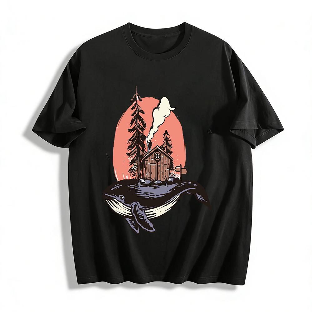 

Whale With Cabin Forest Print Casual Tee Pure cotton T-shirt XXS