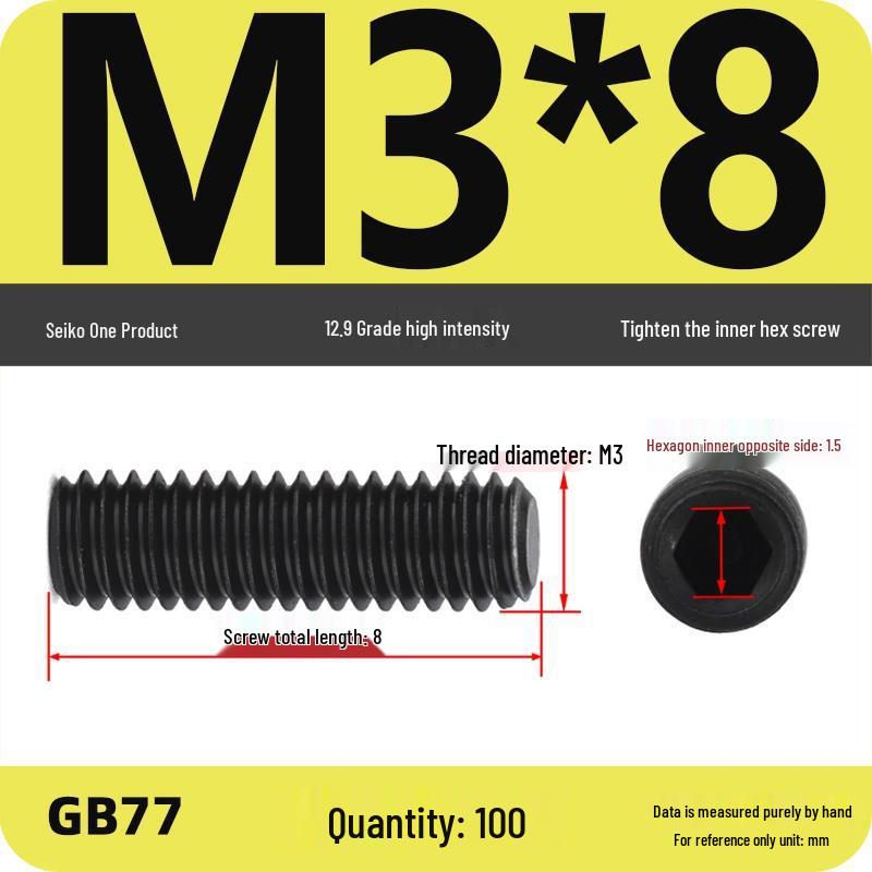 Class 12.9 Inner Hex Flat Head Headless Grub Screw M3-M12