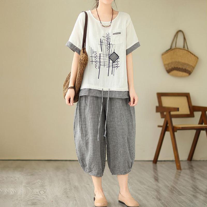 

Летний костюм из 2 предметов, женская хлопковая футболка, брюки, удобный двухкомпонентный топ с короткими рукавами и длинные брюки, свободный костюм-оверсайз M белый