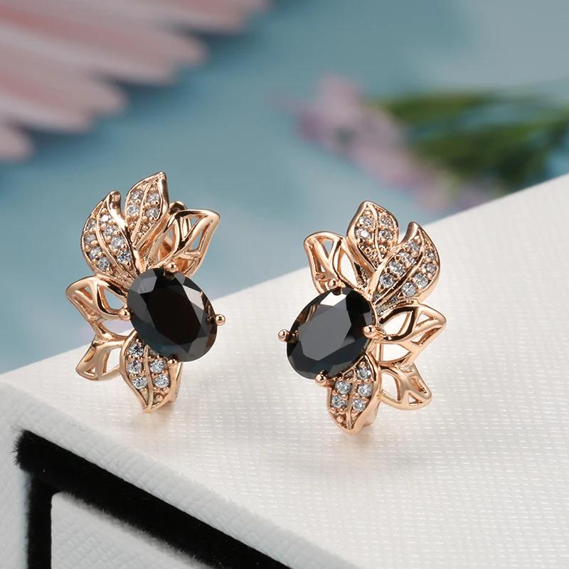 Rose Gold Color Women Crystal Flower Earrings Black Natural Zircon Accessories Vintage Bride Daily Fine Jewelry