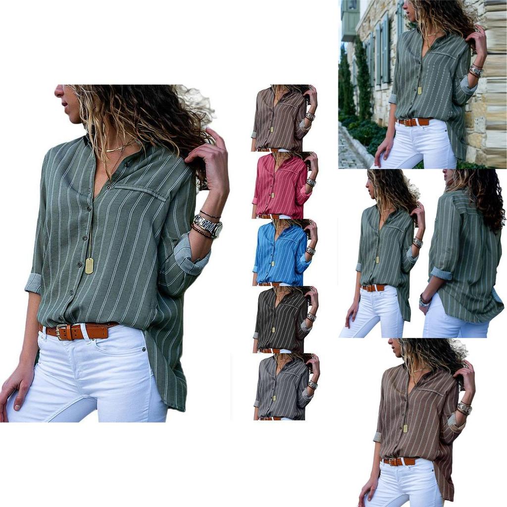 Women Autumn Striped Floral Long Sleeve Button V Neck T Shirt For Casual Chic