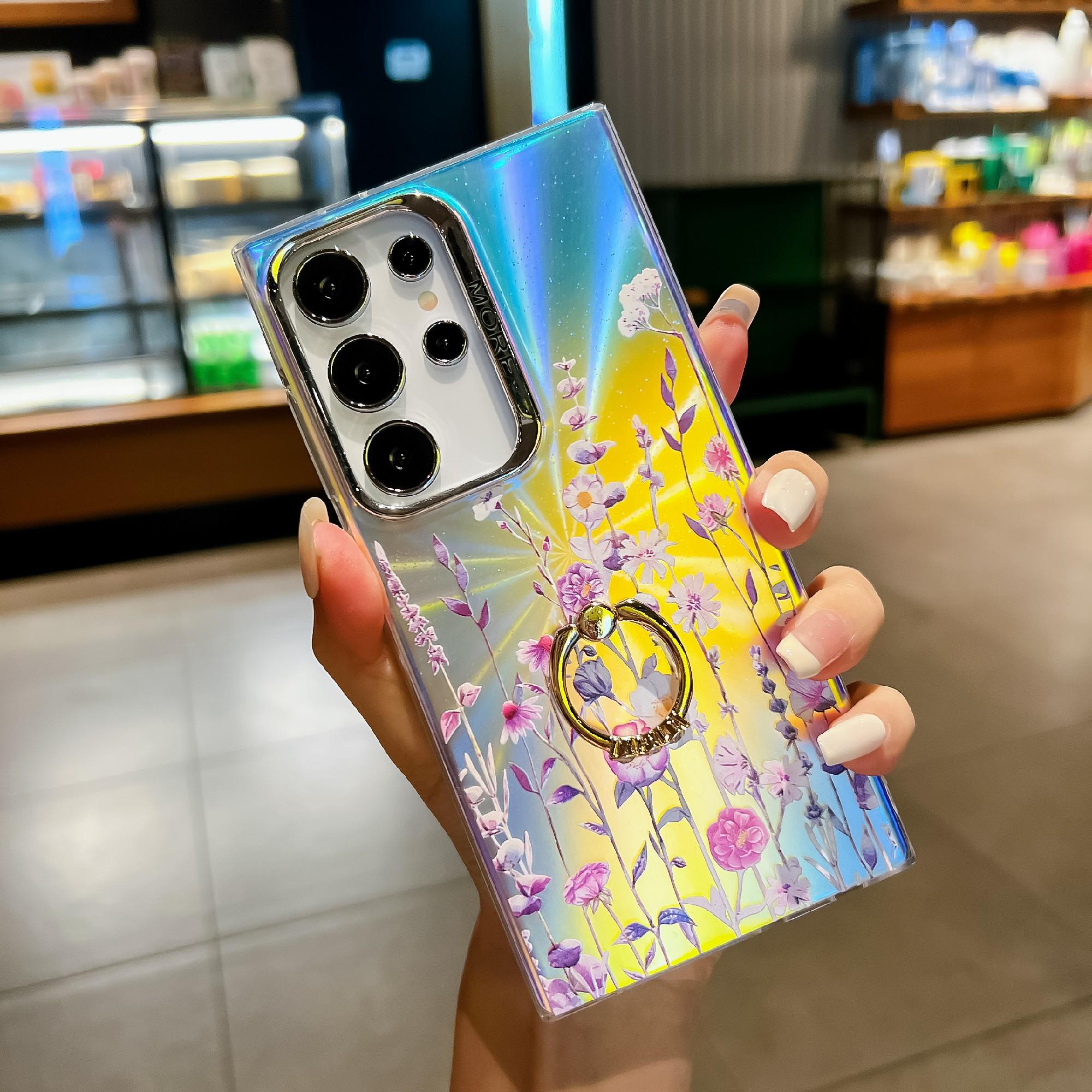 

For Samsung Galaxy S24 Ultra Ring Kickstand Case Electroplated Laser Flower Pattern PC+TPU Phone Cover AH1