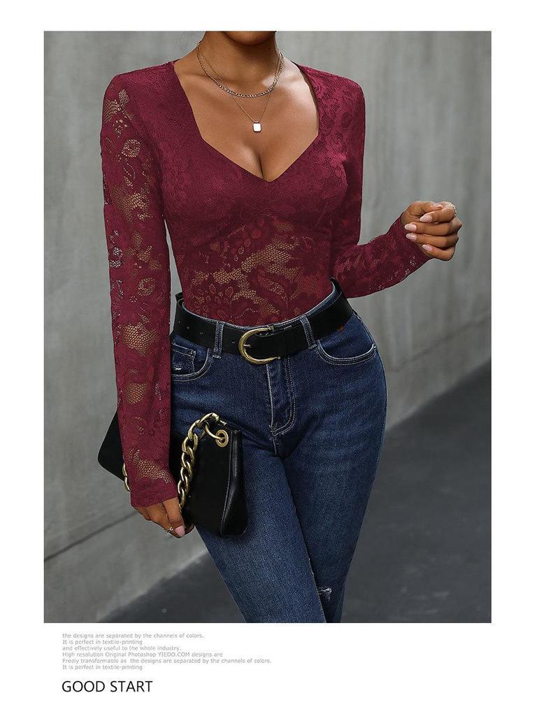 Body da Donna con Scollo Quadrato e Patchwork di Pizzo - Sexy Monopezzo a Manica Lunga