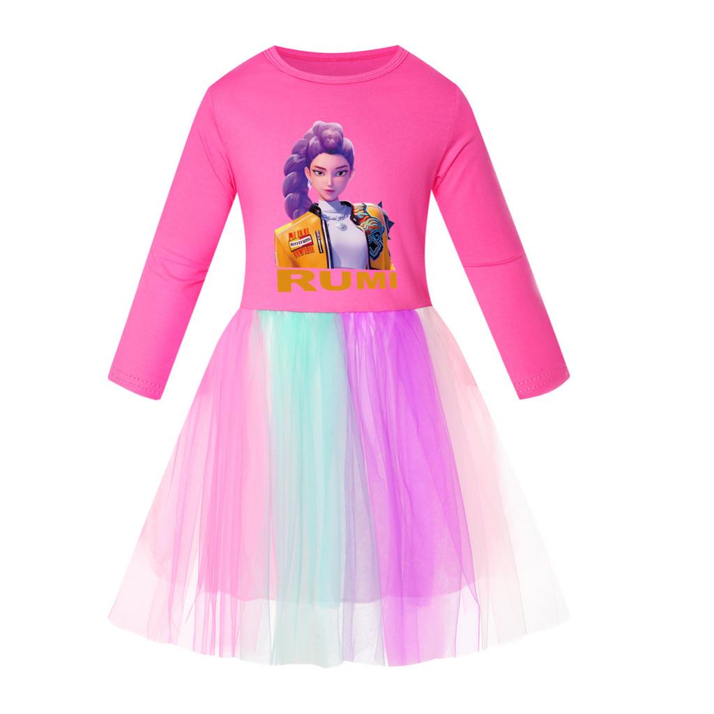 Rochie Casual din Bumbac cu Mâneci Scurte și Guler Rotund, cu Imprimeu Anime Desene Animate Cântăreață POP Super Star Rumi Zoey Mira, din Plasă Curcubeu