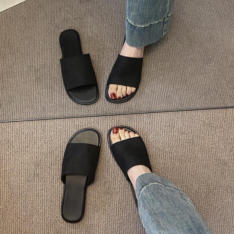 

French one-word slippers women s summer vacation beach shoes new casual open-toed flat-bottomed non-slip cool slippers 40 чёрный