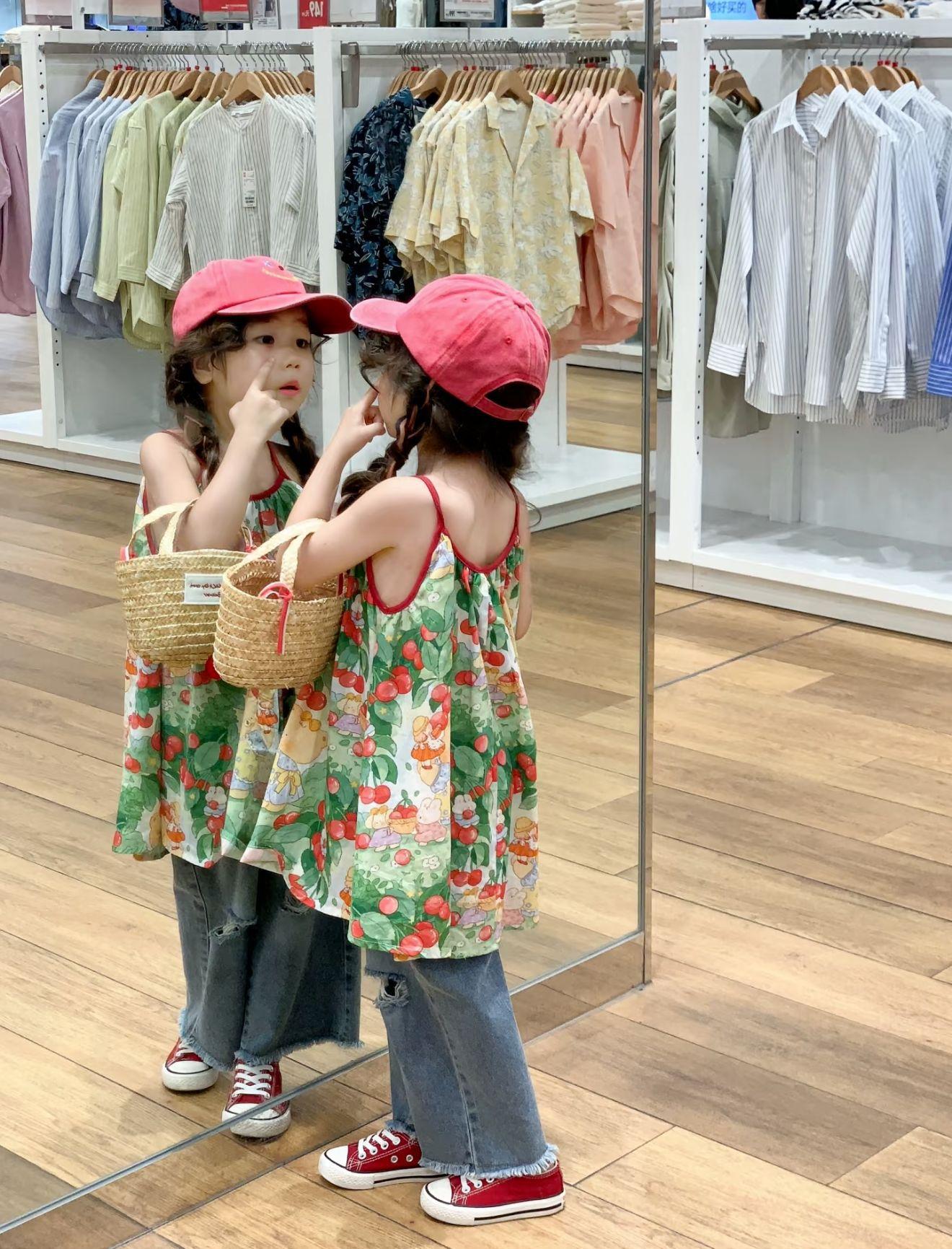 Girls Summer Cherry Floral Spaghetti Strap Dress Layered Beach Vacation Sundress 90