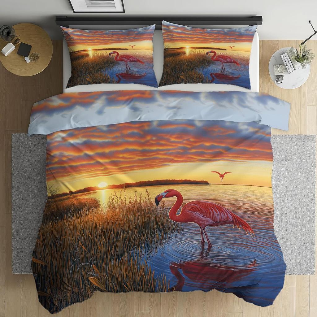 Flamingo Tropical Bedding Sets, Palm flower plant Duvet Cover Microfiber, Leaf Plant Duvet Covers With Zipper and Pillow Covers
