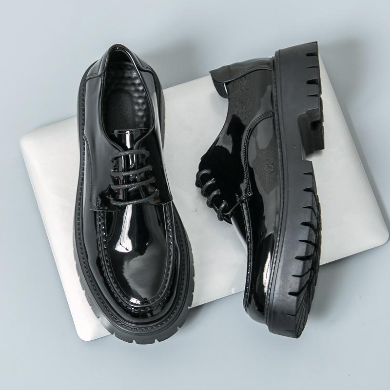 High-end Luxury Leather Shoes Men's High-end Sense of British Height Increase Platform Trend Glossy One-pedal Casual Loafers