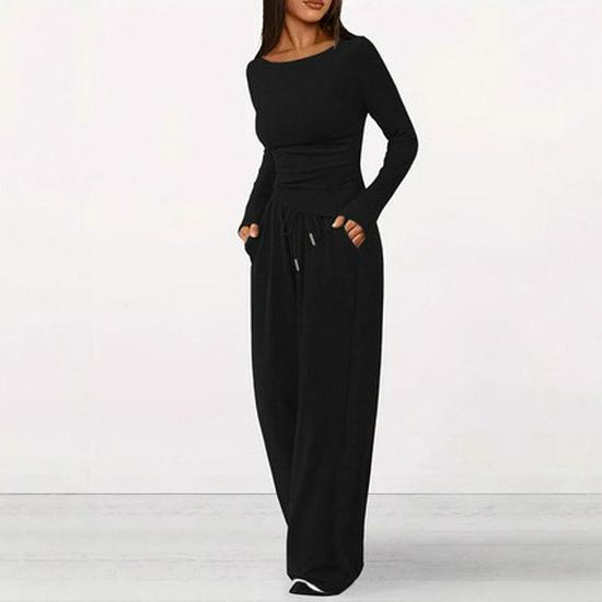 

2025 Fall/Winter European & American Women s Black Cotton Drawstring Slimming Casual Two-Piece Suit Extra Large чорний