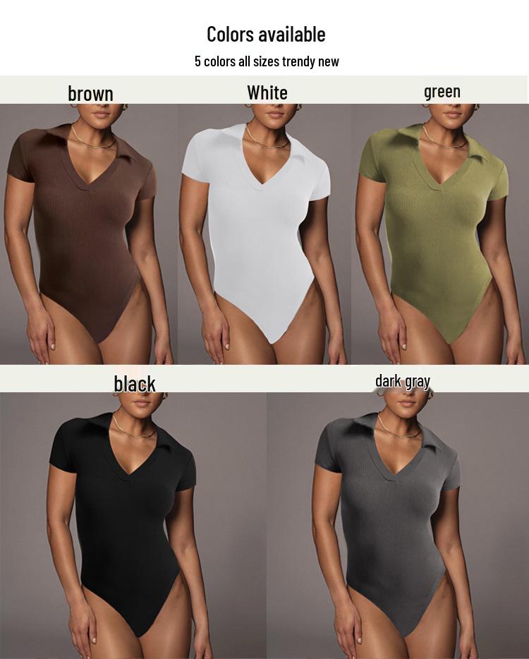 2025 Summer European & American Women's Cotton Ribbed Polo Neck Slim-Fit Short-Sleeve Jumpsuit