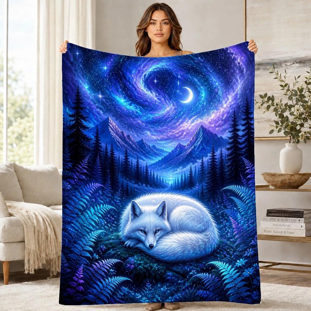 White Fox Nebula Forest Coral Fleece Blanket Fantasy Woodland Decor