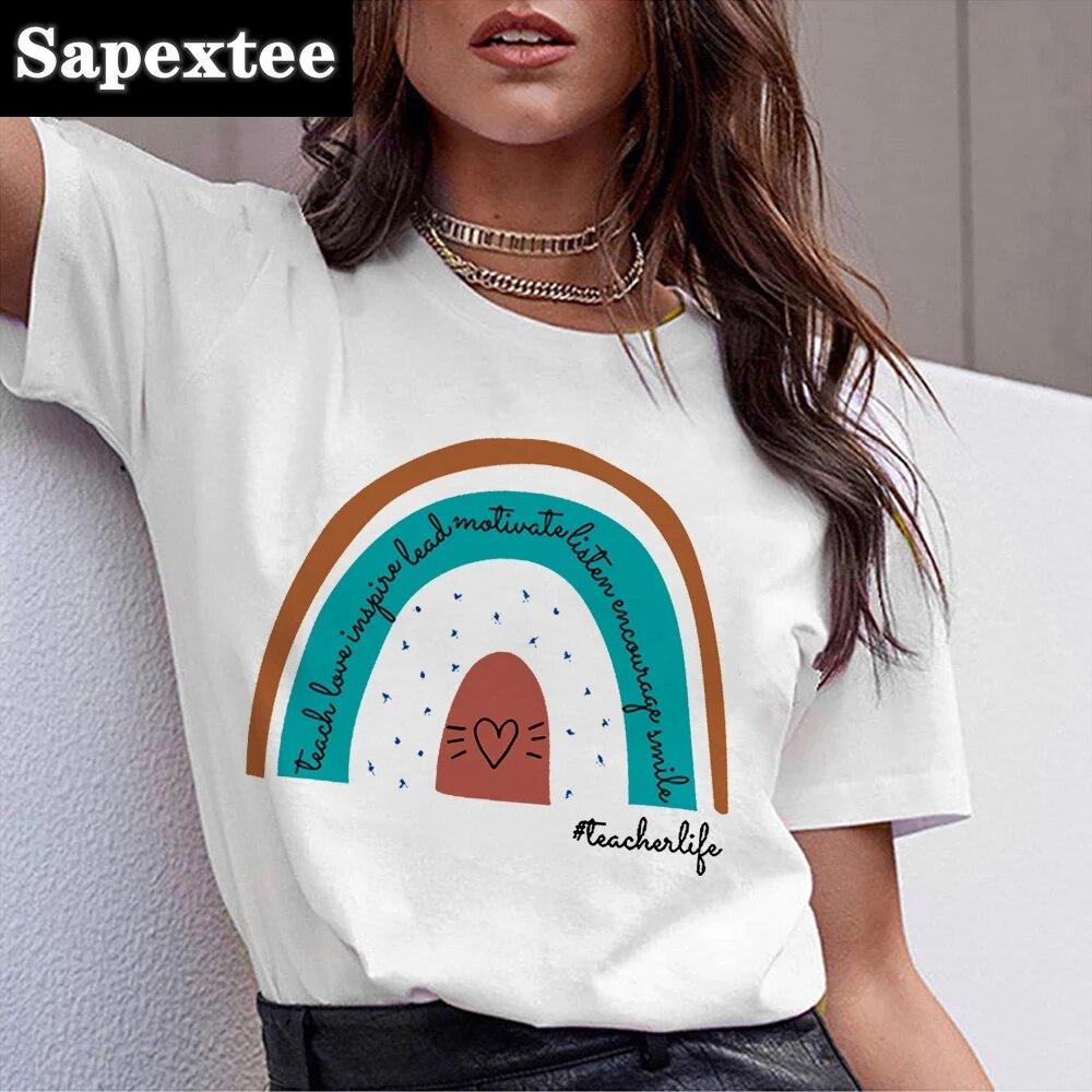 T Shirt For Women 2024 Printed Rainbow Teacher Casual Gift Harajuku Tee Shirts Lady Summer Short Sleeve Tops FeUnisex Unisex Tshirt