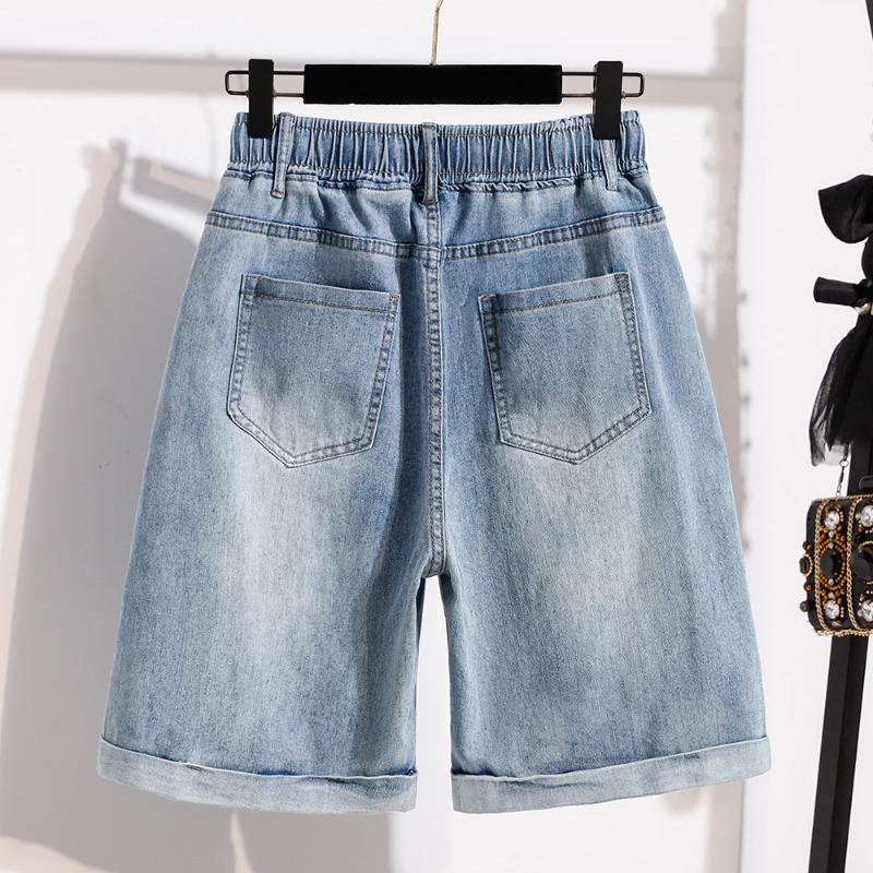 DIMANAF 2026 Summer New Plus Size Women Embroidered Floral Denim Shorts Casual Elastic Waist Short Pants Jeans