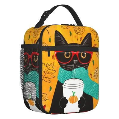 Geantă de prânz izolată Pisică Neagră pentru Femei Etanșă Dovleac de Toamnă Cafea Termică Cooler Cutie de Prânz Muncă de Birou Școală