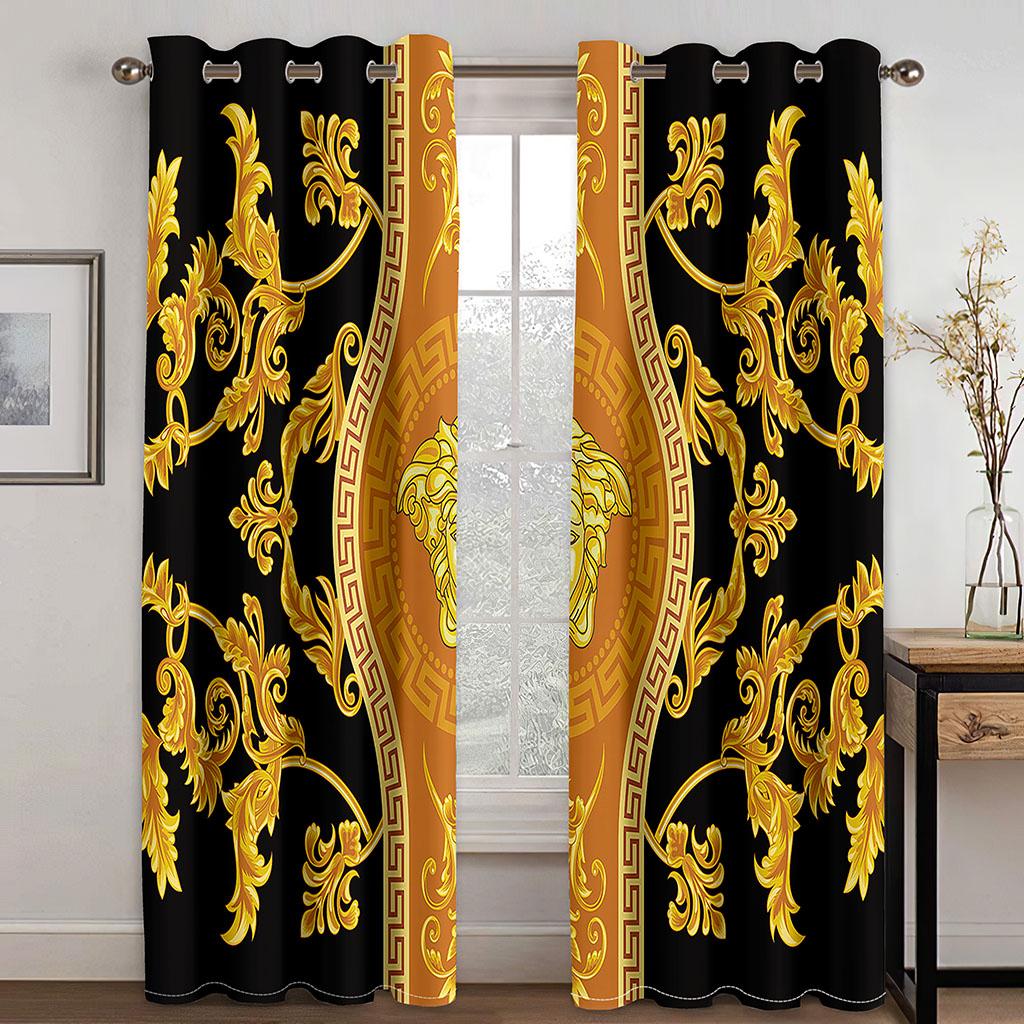 3D Floral Totem Golden Blue Human Head Curtains Living Room Bedroom Kitchen Balcony Window Decorative Curtains 2 Panels