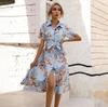 Hohe Taille A-Linie Sommerkleid Damen Schnürung Ethnisch Bedruckt Kurzarm