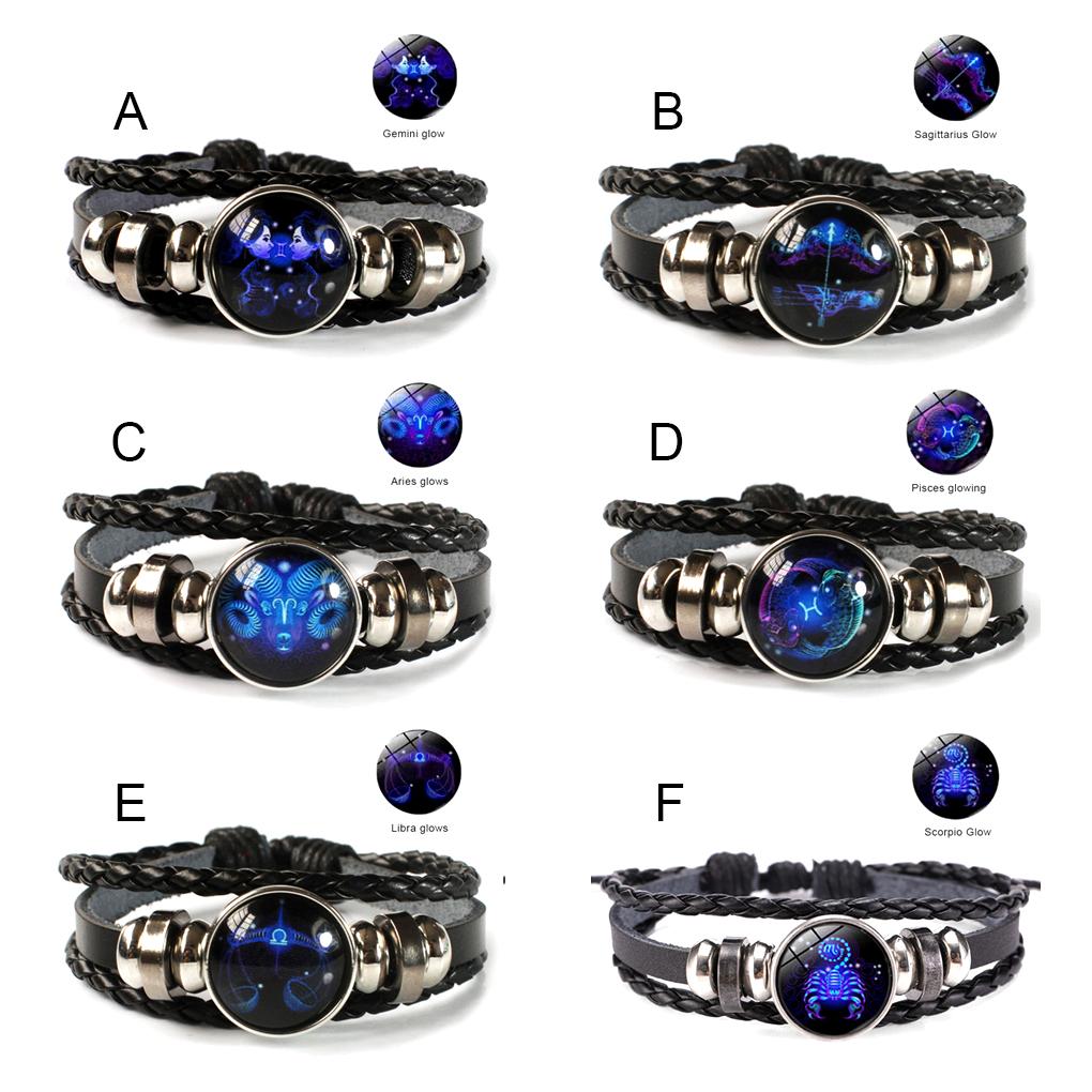 Bracelet 12 Zodiac Signs Bangle Black Punk Luminous Handmade Adjustable Fashion Charm Multi-layer Wristband Birthday Gifts