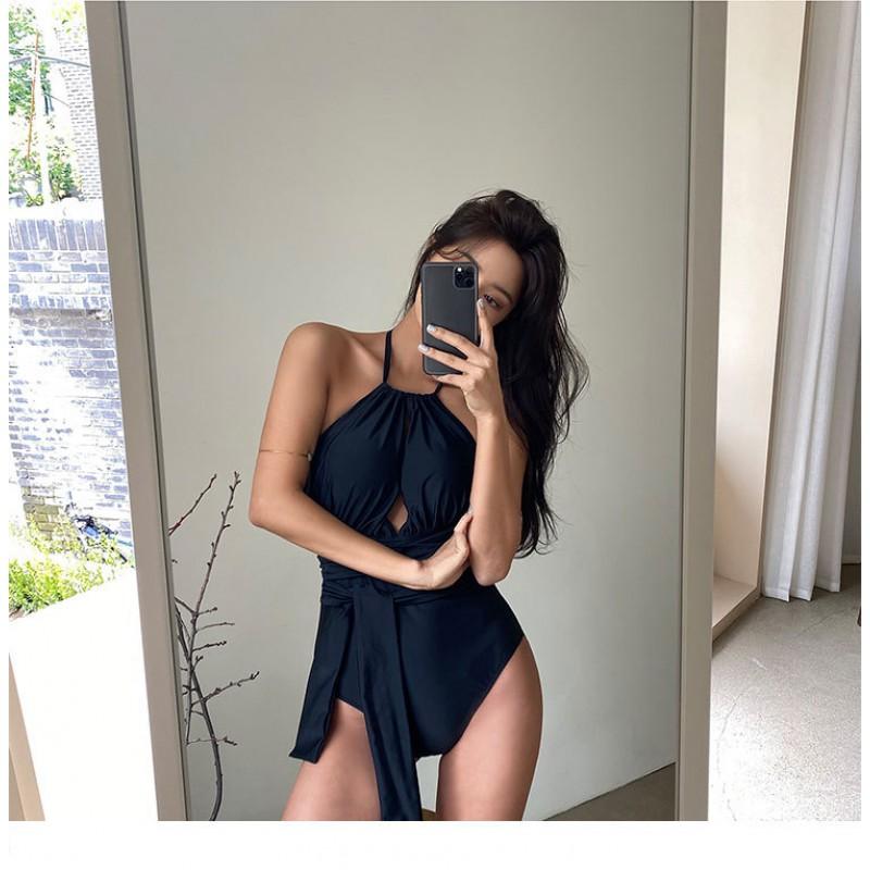 Modest One-Piece Swimsuit Women With Neckline Support Tummy Control Slimming Fit Solid Color Bathing Suit
