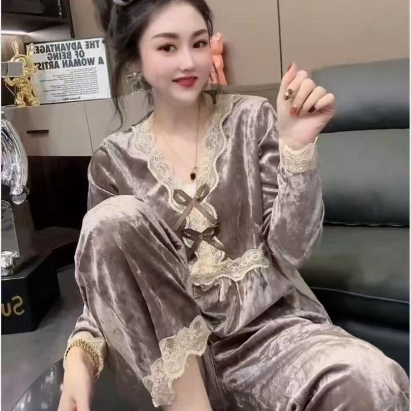 Женский пижамный комплект из золотого велюра: Свободная и удобная осенне-зимняя одежда XL for 45-60 kg