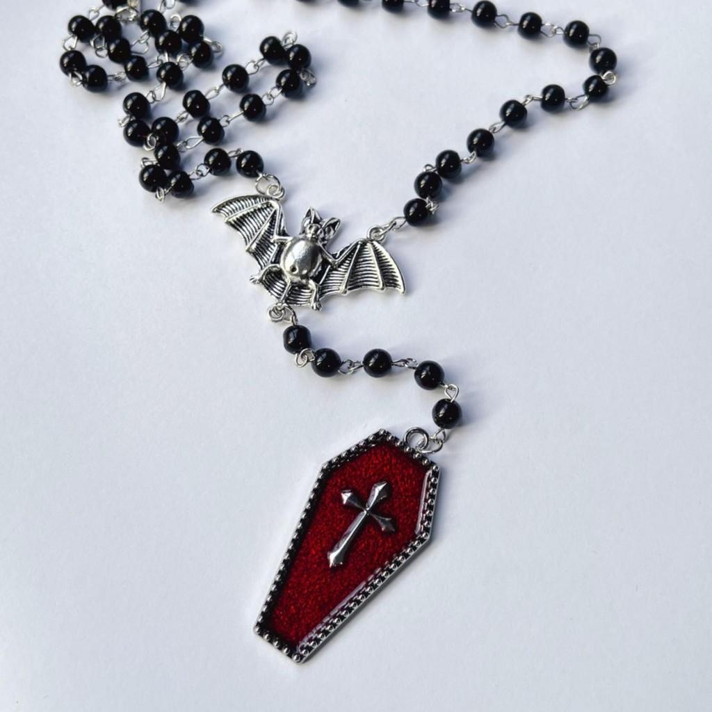 Dark Y2k Goth Bat Cross Beaded Necklace With Alloy Chain For Fashion Lovers