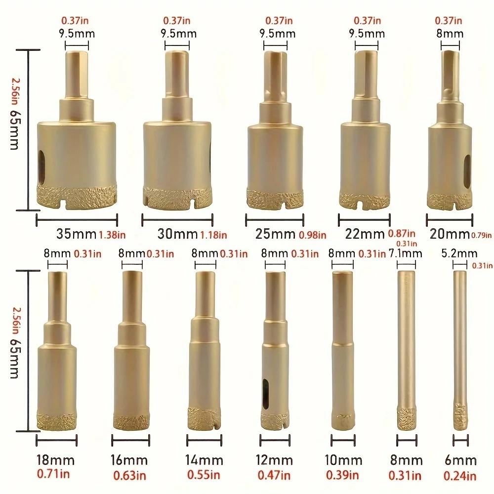 Set di 12 Punte da Trapano Diamantate per Vetro, Marmo e Pietra - Kit Sega a Tazza da 6-35mm con Attrezzi Manuali, Granito, Piastrelle, Ceramica