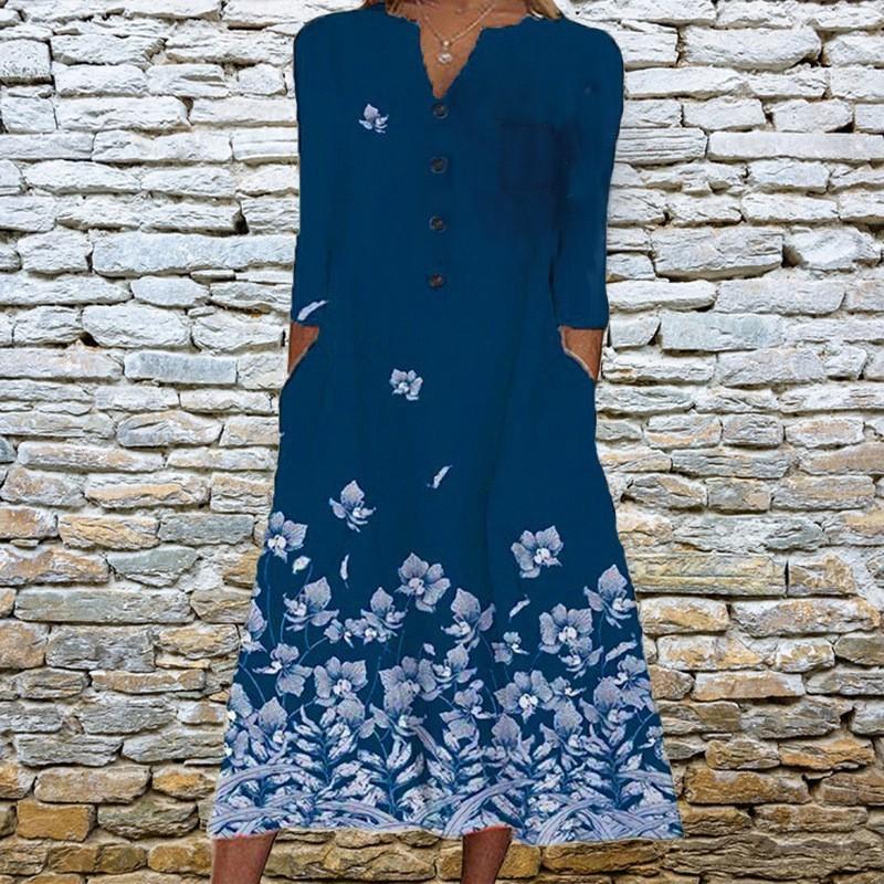 Women's Spring and Summer Printed Pocket V-neck Loose Casual Long Dress