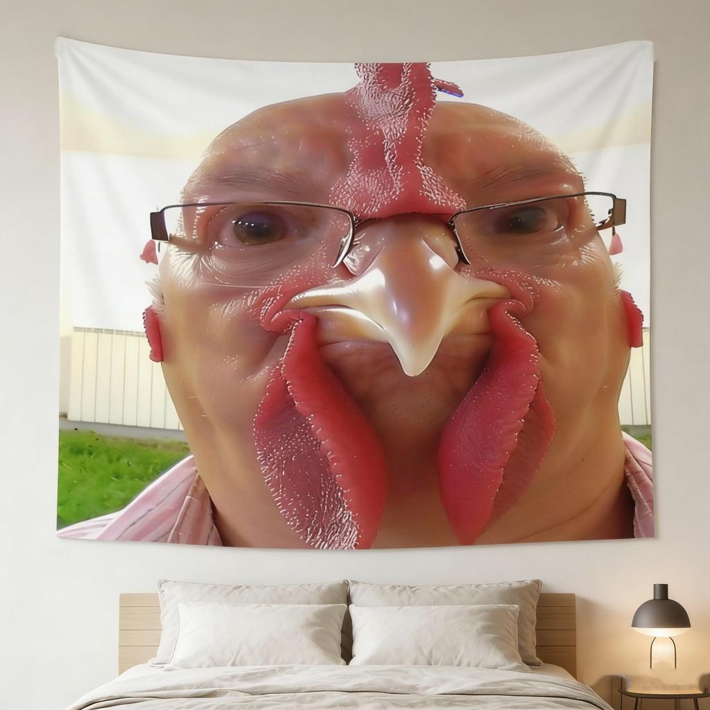 MultiSize Chicken Head Person Theme Tapestry Creative Design with Vintage Glasses Red Cheeks High Quality Flat Print