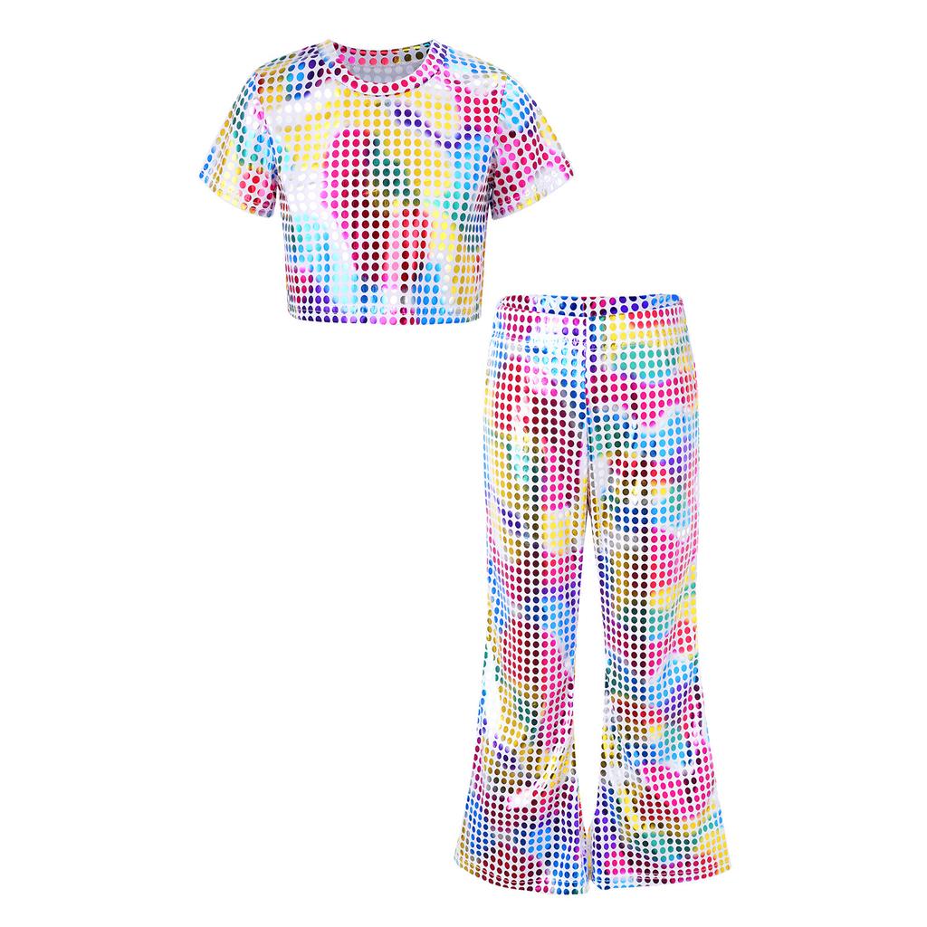 Dětské Dívčí Lesklé Flitry Párty Sety Kulatý Výstřih Crop Top s Elastickým Pasem Rozšířené Kalhoty pro Taneční Scénické Vystoupení