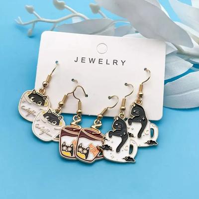 3 Pairs Set of Fashionable Enamel Alloy Tea Cups Cat Pendants Earrings Party Jewelry Gifts for Girls