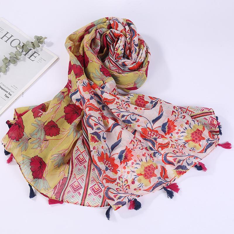 Sciarpa Boho da donna, leggera, con stampa floreale, scialle con frange, moda autunno inverno
