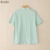 ZANZEA Women Summer Stand Collar Short Sleeve Lace Splice Casual Blouse