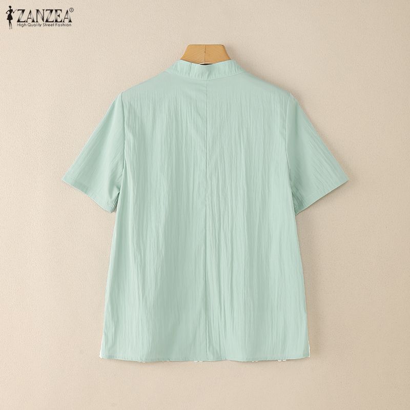 ZANZEA Women Summer Stand Collar Short Sleeve Lace Splice Casual Blouse