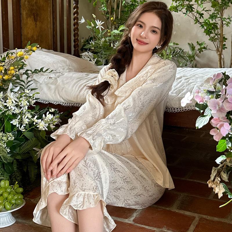 New pajamas women's spring and autumn ice silk loose French doll collar jacquard long-sleeved trousers set antique loungewear