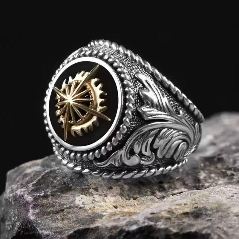 Men's Two-Tone Four-Point Star Hip Hop Retro Gold Ring