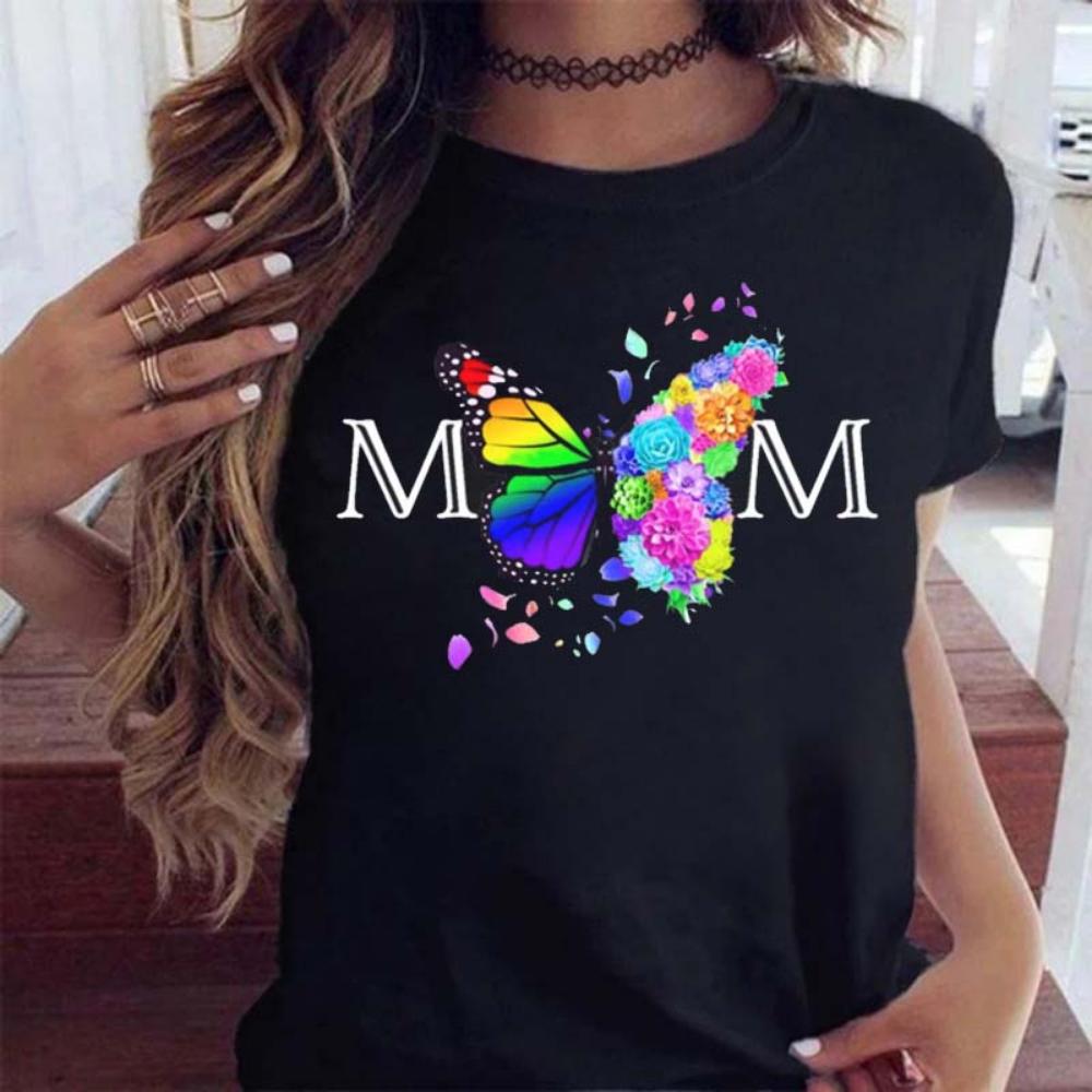 

Новая женская футболка, модная футболка с цветочным принтом MOM Butterfly, повседневная футболка с коротким рукавом, женская футболка в стиле 90-х годов, женская футболка M
