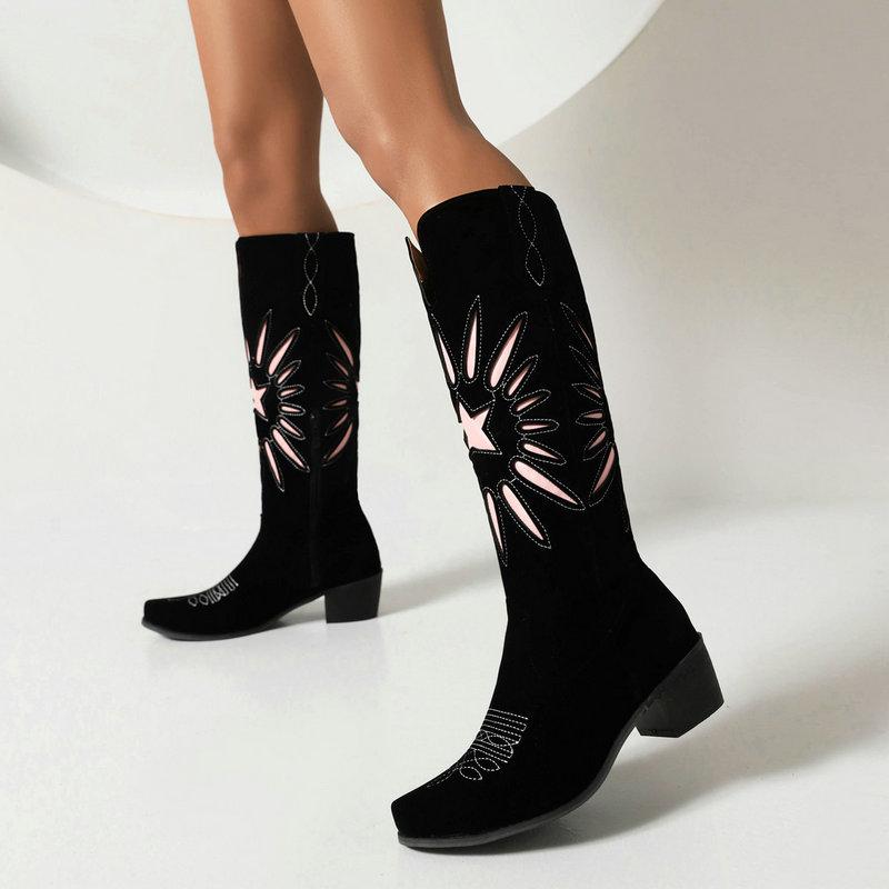 

Осенне-зимние новые винтажные ковбойские сапоги в стиле вестерн с квадратной головкой на толстом каблуке и высоком каблуке с рукавами для девочек