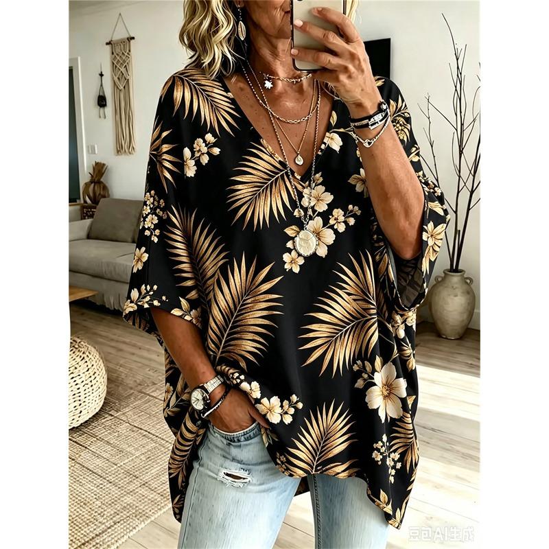 Printed Plus-Size Women's V-Neck Batwing Sleeve T-Shirt Bohemian Ethnic Print Loose Top Summer Comfortable Breathable Daily Commute Casual