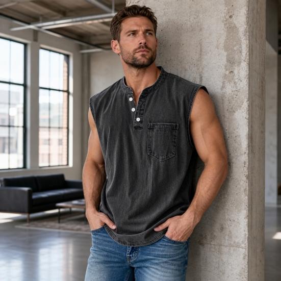 Men's Sleeveless Shirts, V Neck Breathable Shirts, Casual Summer Lightweight Pocket Top, Button Up Solid Color Stretchable Top for Summer