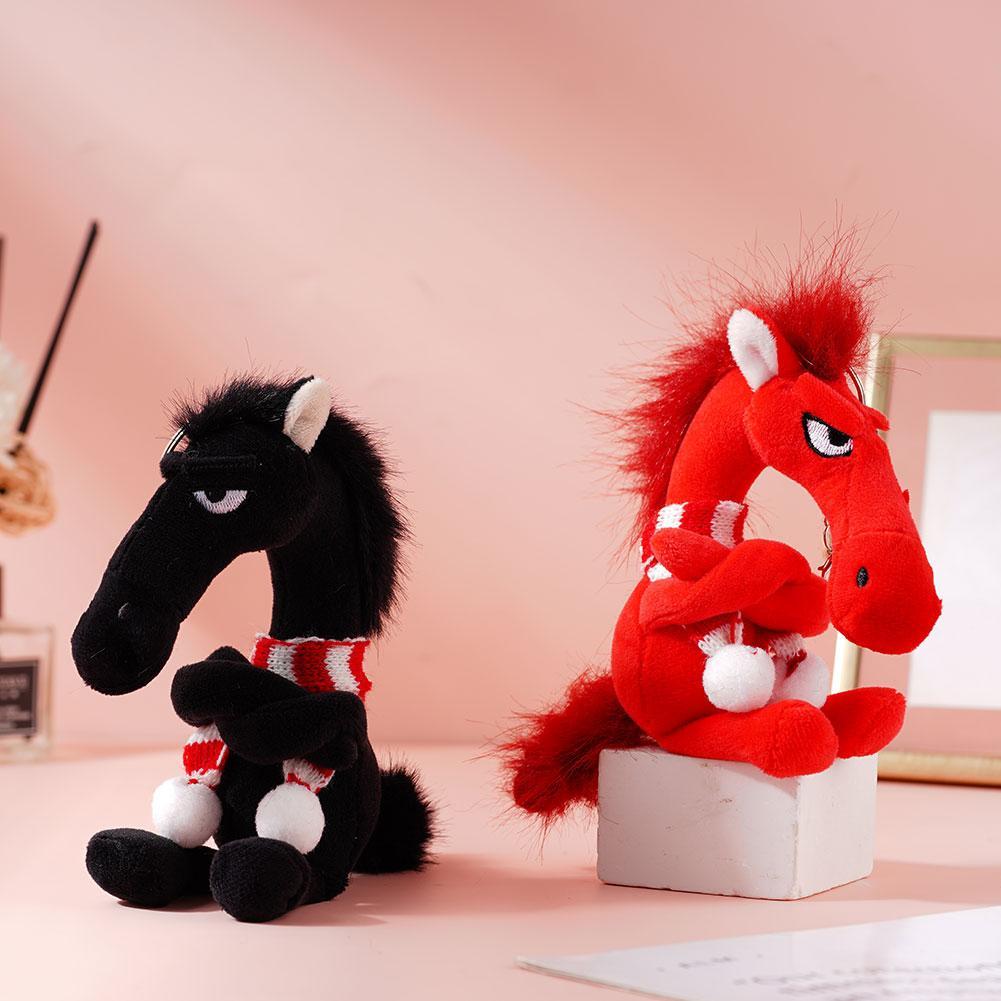 Lucky Black Horse Plush Keychain Animal Bag Charm Pendant Plush Arrogance Pony Keychain Kawaii Animal Plush Keychain Funny Toy