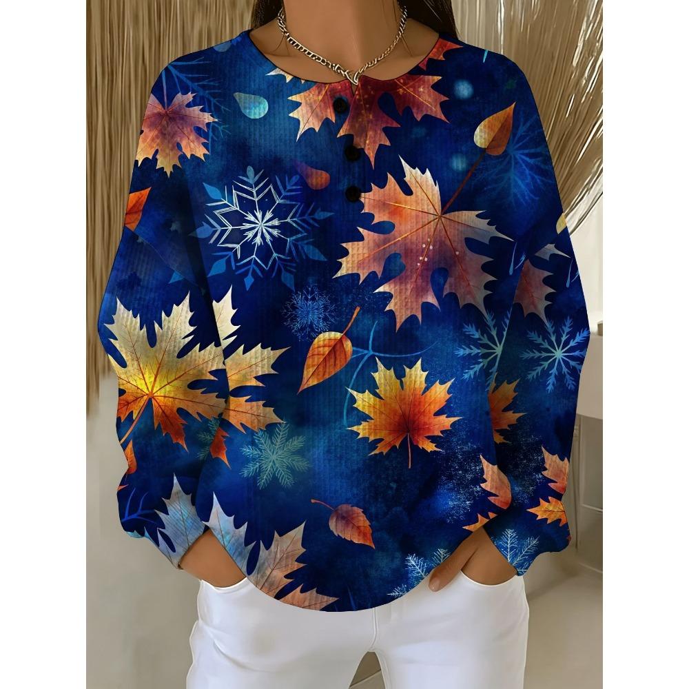 Printed Women'S Round-Neck Button- Waffle Sweatshirt Featuring Autumn Leaves And Snowflakes, Suitable for Casual Wear And Everyday