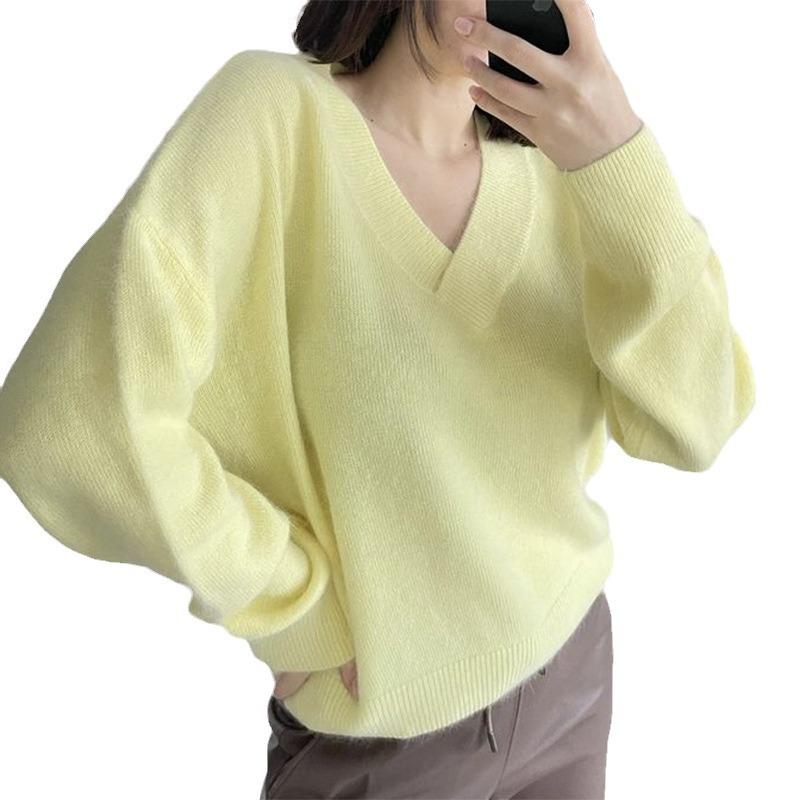 Fall Winter Women's Ultra Soft V-Neck Faux Mink Sweater Lazy Style Loose Knit Top