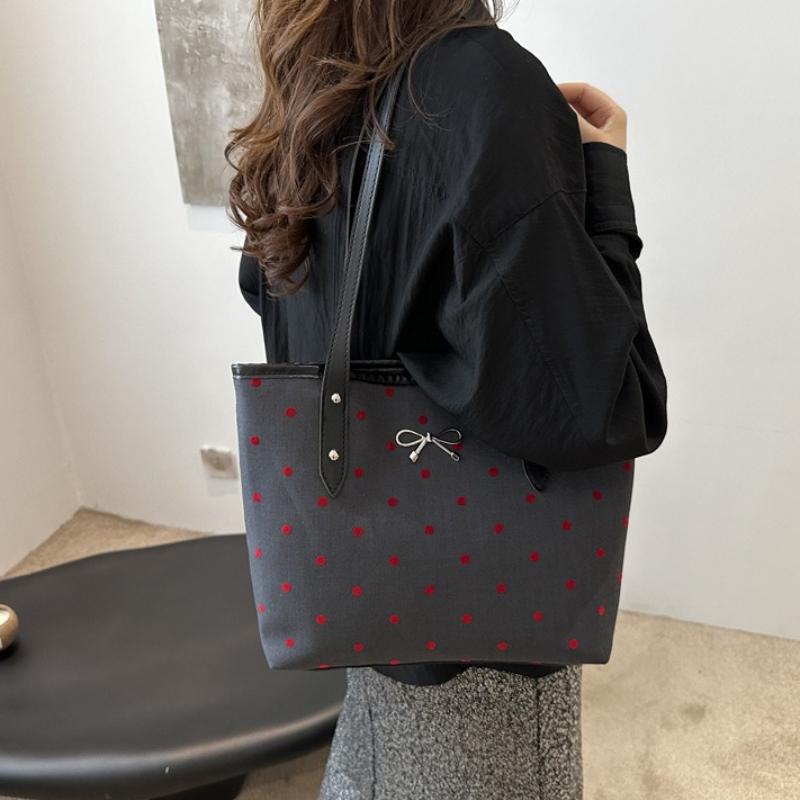 Fashion Polka Dot Tote Bag with Silver Bow Accent Black Trim Large Capacity Casual Purse for Everyday Commuter Shoulder Bag