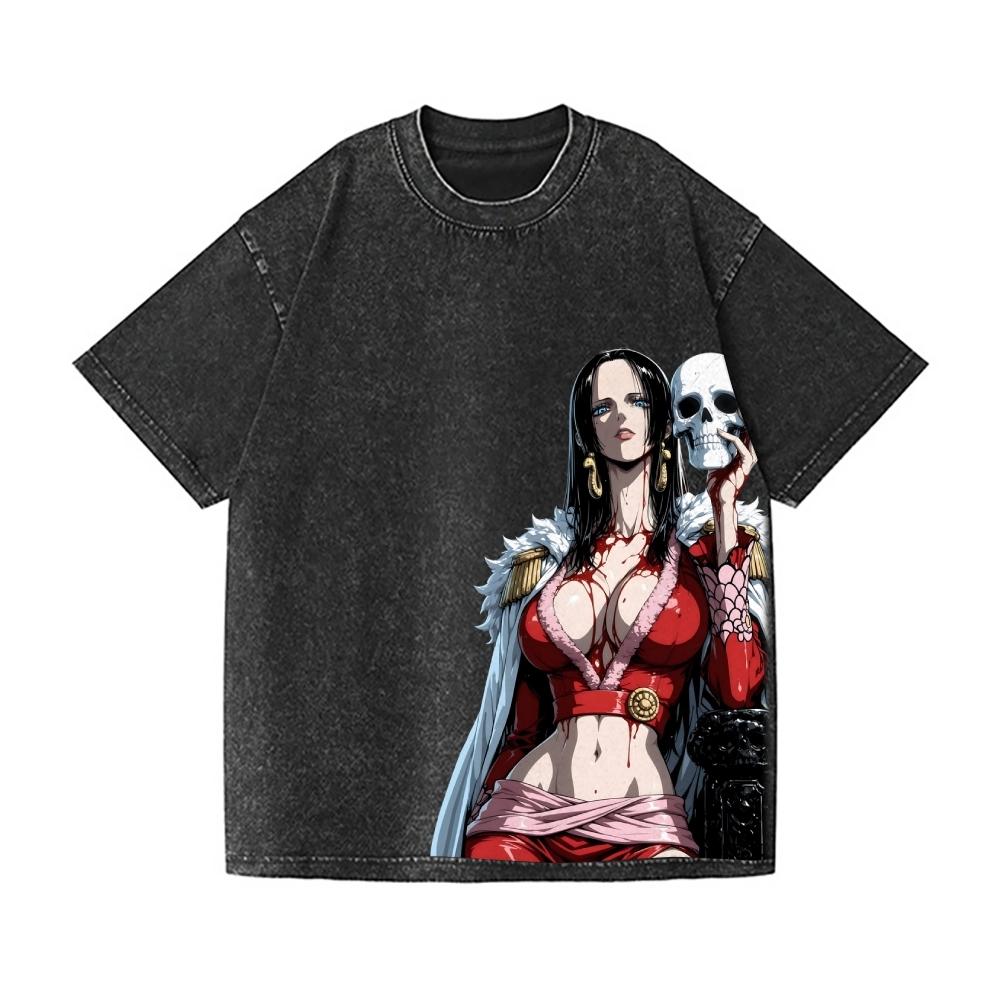 One Piece Boa Hancock Vintage Wash Japanese Design T-Shirt High-quality Streetwear Men's Clothing Women 2026 Summer New T Shirt